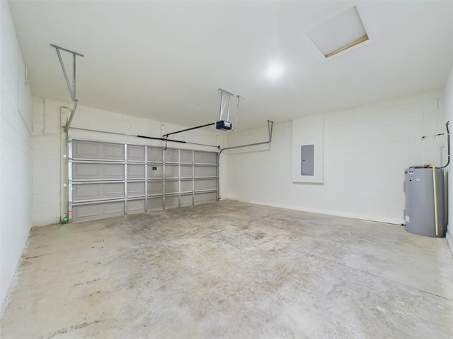 garage with electric panel, concrete block wall, water heater, and a garage door opener