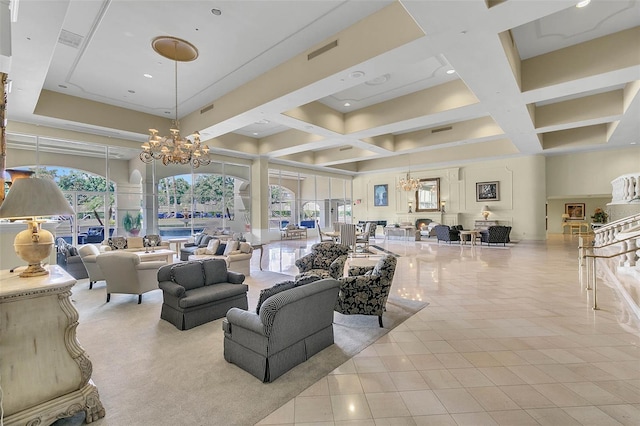 living room featuring tile patterned flooring, visible vents, a chandelier, and coffered ceiling