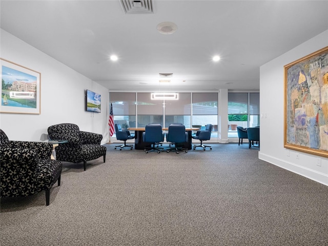 home office featuring recessed lighting, visible vents, baseboards, expansive windows, and carpet