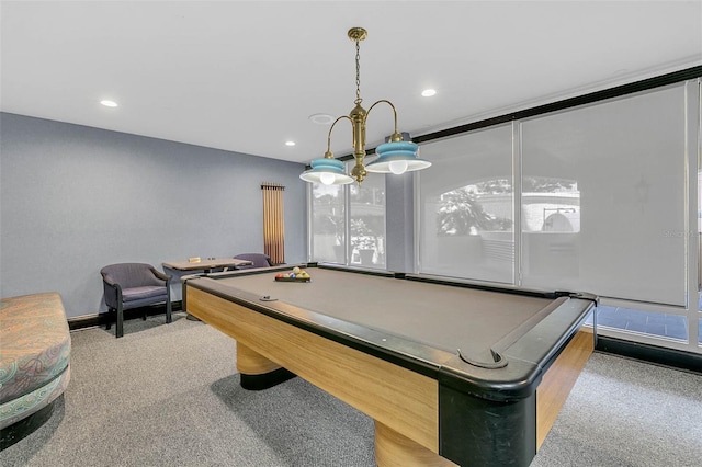 game room with carpet floors, billiards, and recessed lighting