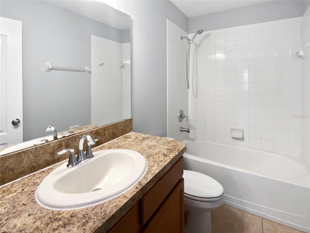 full bathroom with shower / washtub combination, tile patterned flooring, vanity, and toilet