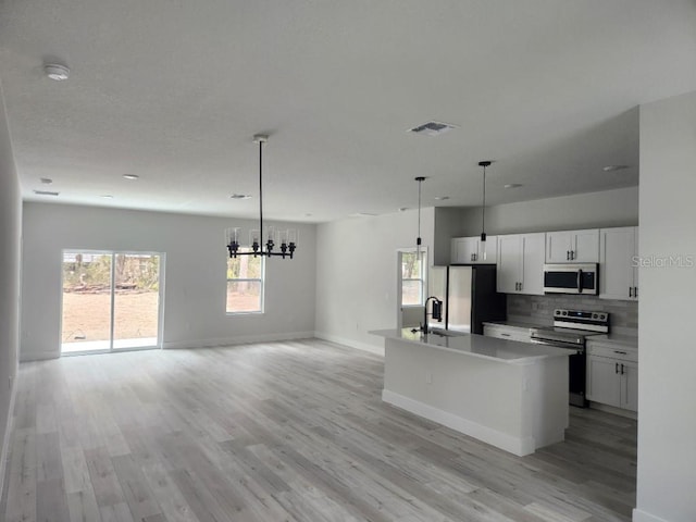 kitchen with stainless steel appliances, visible vents, light wood-style flooring, backsplash, and open floor plan