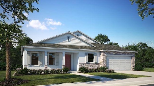 view of front of house featuring an attached garage, stone siding, driveway, and a front lawn