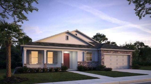 view of front of property with a garage, stone siding, driveway, and a front lawn