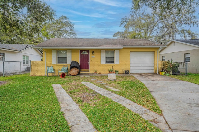 view of front facade featuring brick siding, concrete driveway, a front yard, fence, and a garage