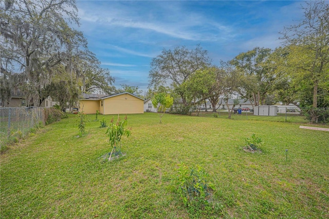 view of yard with an outbuilding, a fenced backyard, and a storage shed