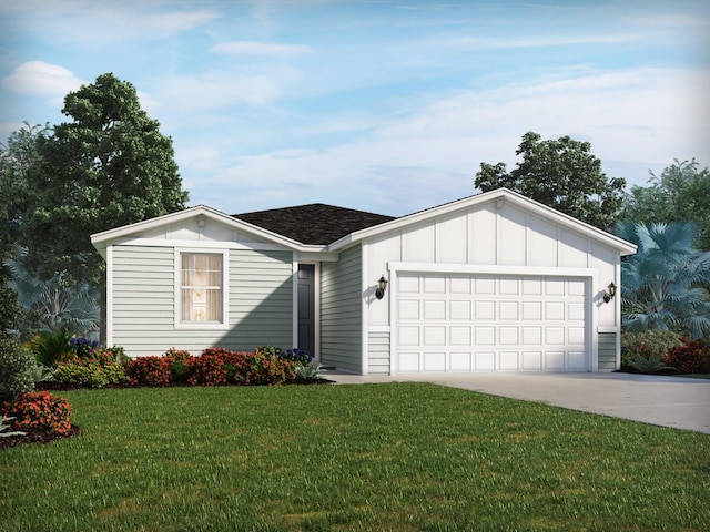 single story home featuring a garage, concrete driveway, board and batten siding, and a front lawn