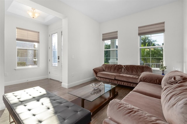 living area featuring light wood-style flooring and baseboards