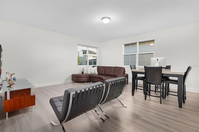 living room featuring a textured ceiling, baseboards, and wood finished floors