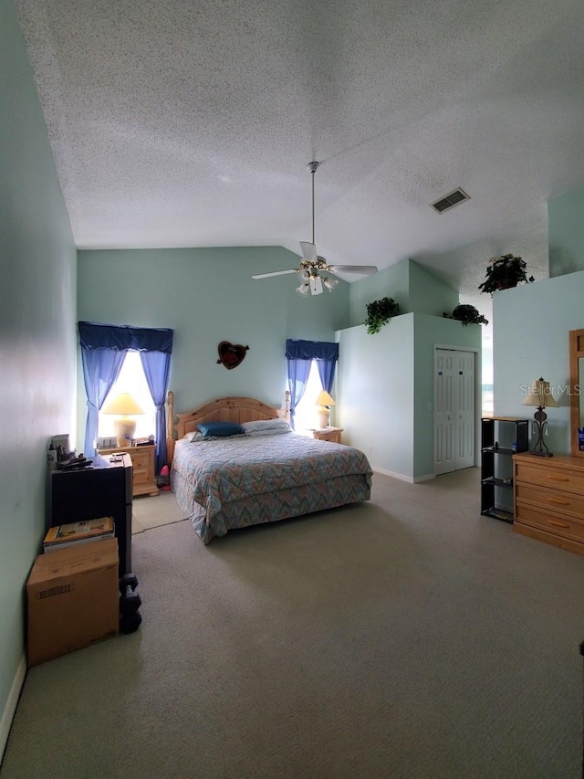 carpeted bedroom with lofted ceiling, multiple windows, visible vents, and a textured ceiling