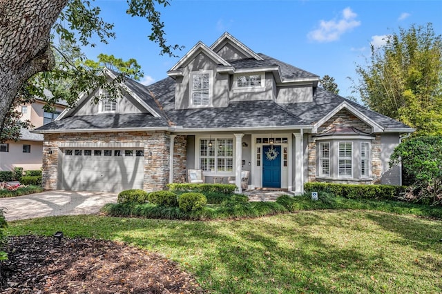 view of front of property featuring stucco siding, a front lawn, driveway, roof with shingles, and an attached garage