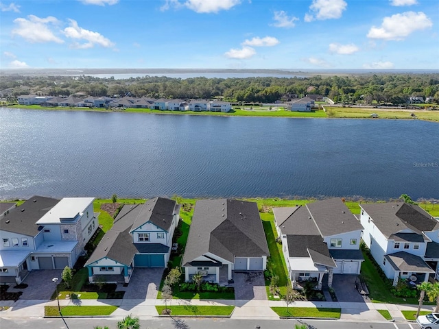 bird's eye view featuring a residential view and a water view