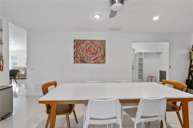 dining space featuring light tile patterned floors, visible vents, baseboards, ceiling fan, and recessed lighting