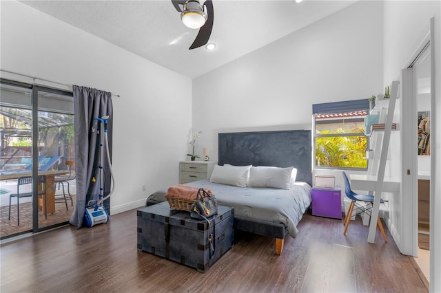 bedroom featuring ceiling fan, wood finished floors, high vaulted ceiling, access to outside, and baseboards