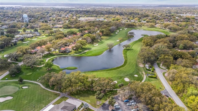 aerial view with a water view and golf course view