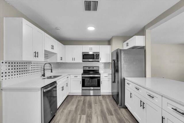 kitchen with a sink, white cabinetry, visible vents, appliances with stainless steel finishes, and decorative backsplash