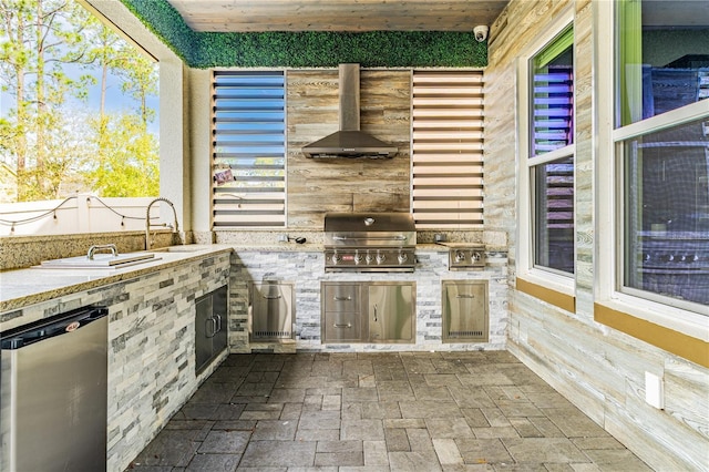 view of patio featuring exterior kitchen, a sink, and area for grilling