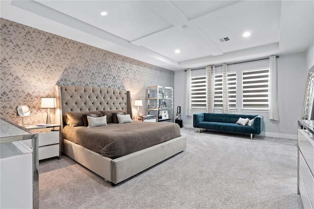 bedroom featuring wallpapered walls, baseboards, visible vents, coffered ceiling, and recessed lighting