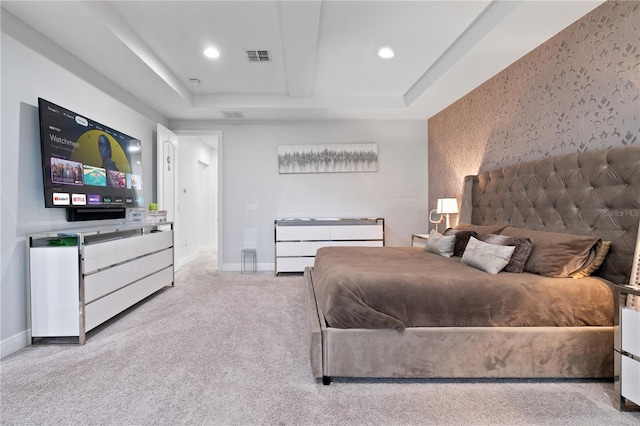 bedroom with carpet, visible vents, baseboards, and recessed lighting