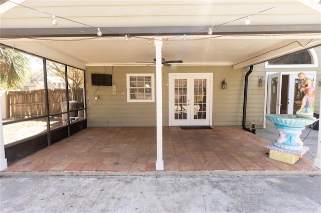 exterior space featuring french doors and ceiling fan