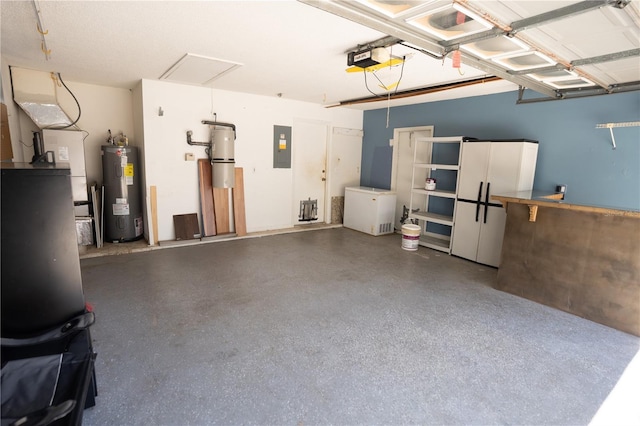 garage featuring electric panel, electric water heater, and a garage door opener