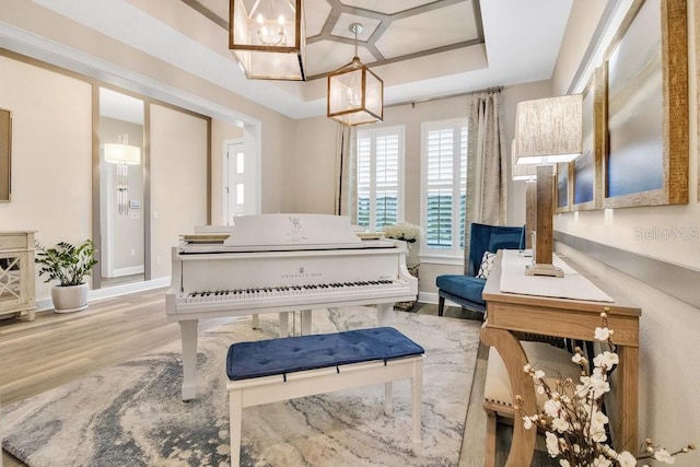 miscellaneous room featuring baseboards, a raised ceiling, wood finished floors, and a chandelier