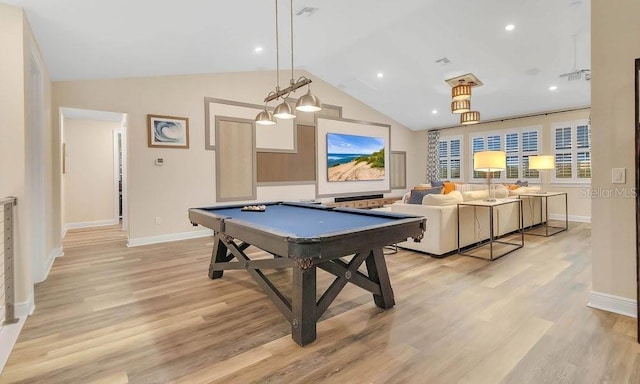 recreation room with baseboards, vaulted ceiling, light wood finished floors, and billiards