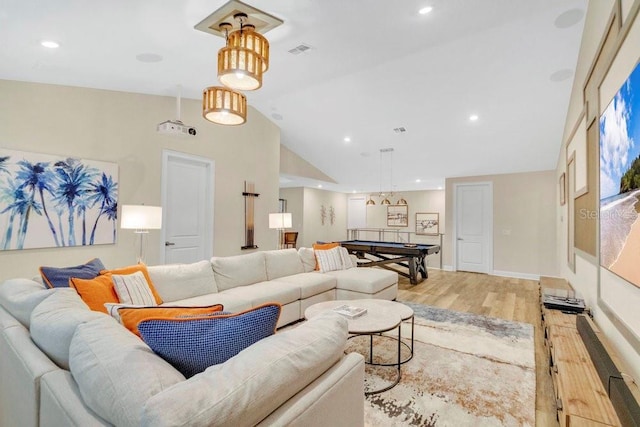 living area featuring light wood-style flooring, recessed lighting, pool table, visible vents, and baseboards