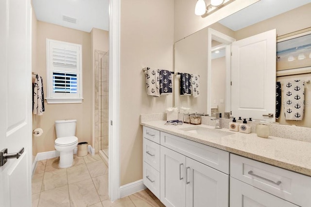 full bathroom with a stall shower, baseboards, visible vents, and toilet