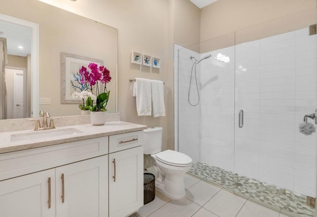 full bath with toilet, a stall shower, tile patterned flooring, and vanity