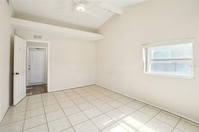 spare room with lofted ceiling with beams, visible vents, a ceiling fan, and light tile patterned flooring