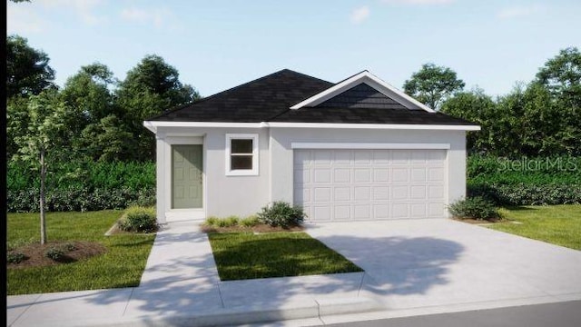 view of front of property featuring concrete driveway, an outdoor structure, an attached garage, and stucco siding