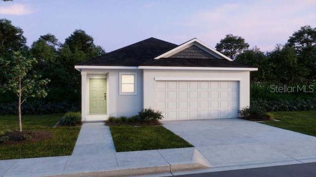 view of front of house with a garage, concrete driveway, and stucco siding