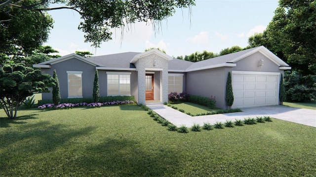 ranch-style home featuring concrete driveway, a front yard, stucco siding, stone siding, and an attached garage