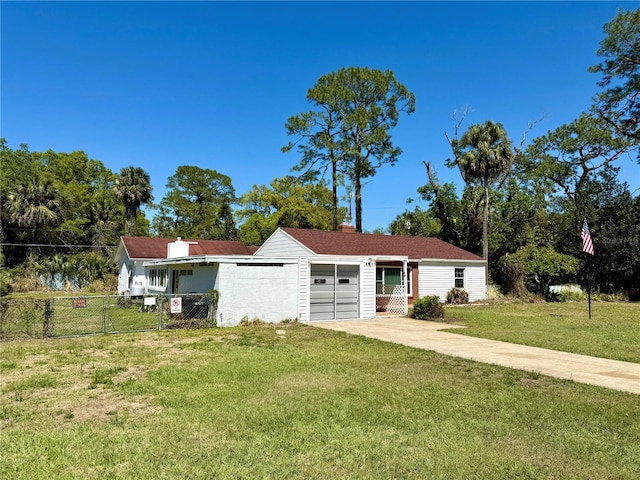 single story home with a gate, fence, driveway, a front lawn, and a garage