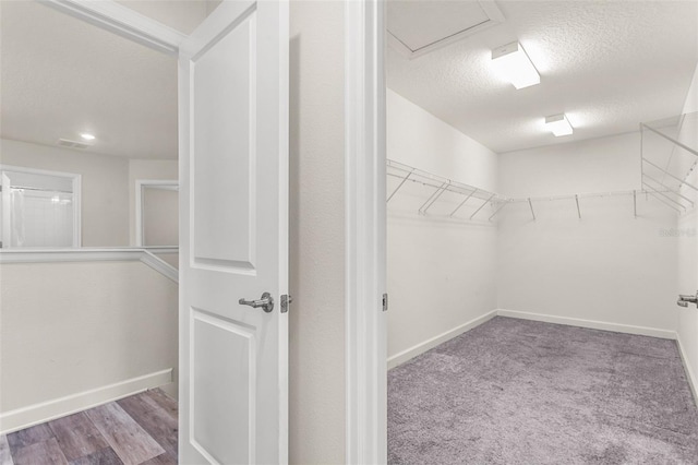 spacious closet with carpet flooring and wood finished floors