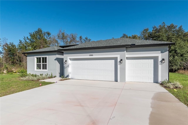 ranch-style home featuring a garage, driveway, a shingled roof, and stucco siding