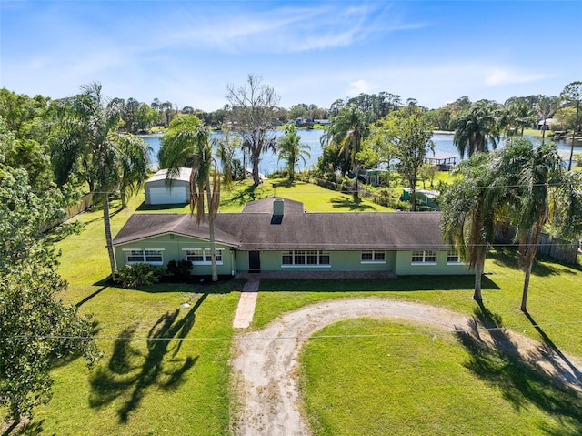 drone / aerial view with a water view