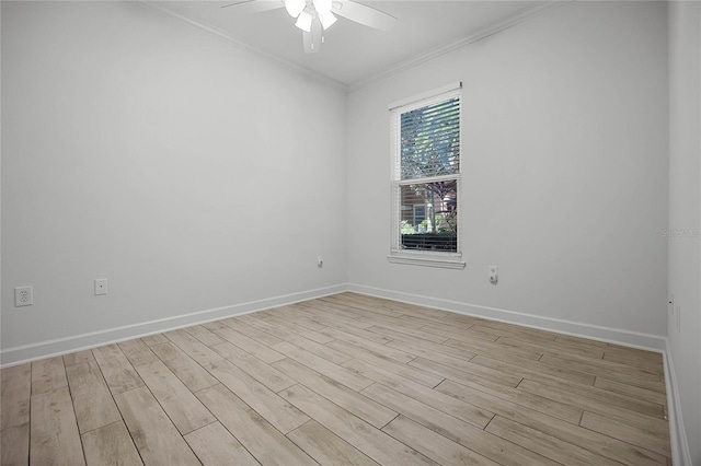 unfurnished room with baseboards, ceiling fan, light wood-style flooring, and crown molding