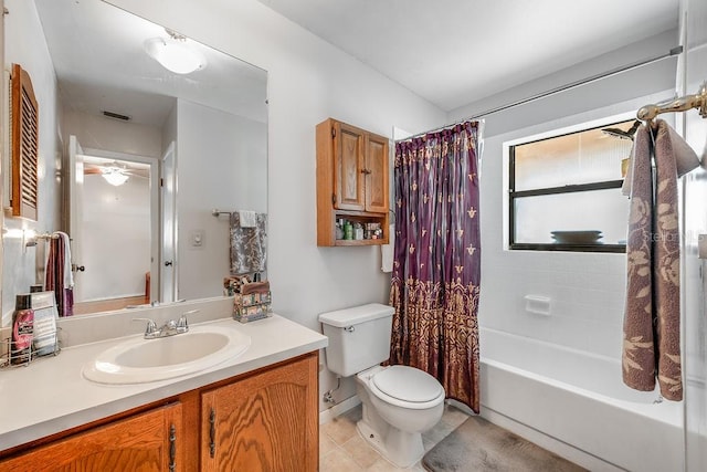 full bath featuring vanity, shower / bathtub combination with curtain, visible vents, tile patterned floors, and toilet