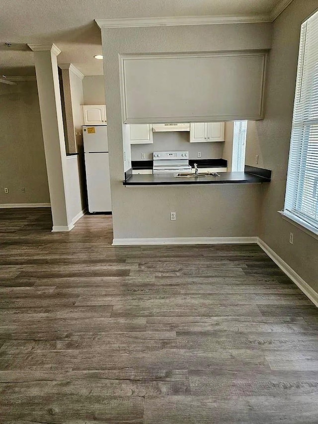 kitchen featuring white appliances, dark countertops, dark wood-style floors, ornamental molding, and under cabinet range hood