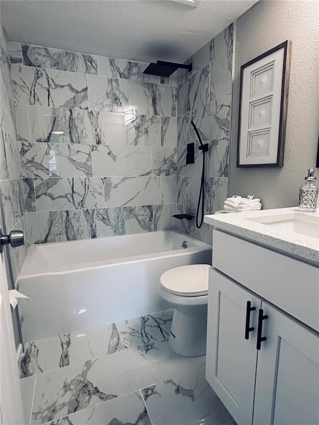 full bath featuring a textured ceiling, toilet, vanity, marble finish floor, and tub / shower combination