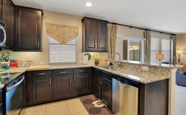 kitchen with range with electric cooktop, a sink, backsplash, a peninsula, and dishwasher