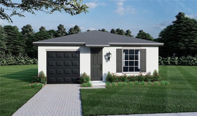 view of front facade featuring stucco siding, decorative driveway, an attached garage, and a front lawn