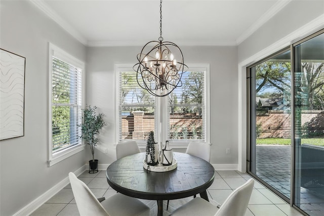 dining area with a notable chandelier, crown molding, a wealth of natural light, and light tile patterned flooring