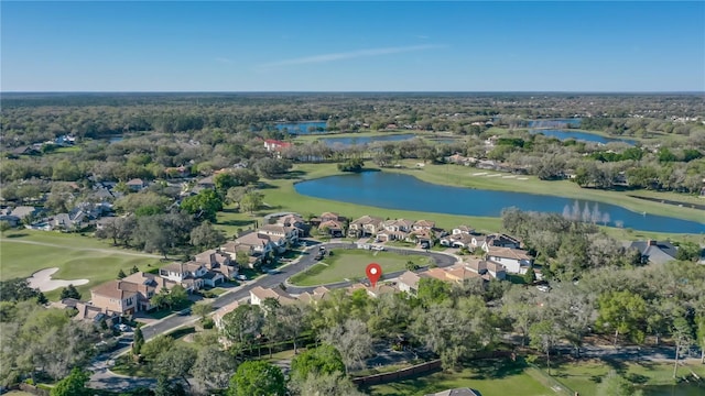 bird's eye view with a water view, a residential view, and golf course view