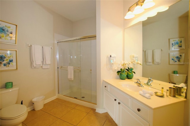 bathroom featuring a stall shower, vanity, toilet, and tile patterned floors