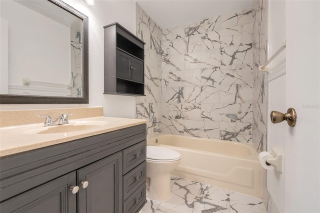 full bathroom with marble finish floor, vanity, toilet, and bathing tub / shower combination