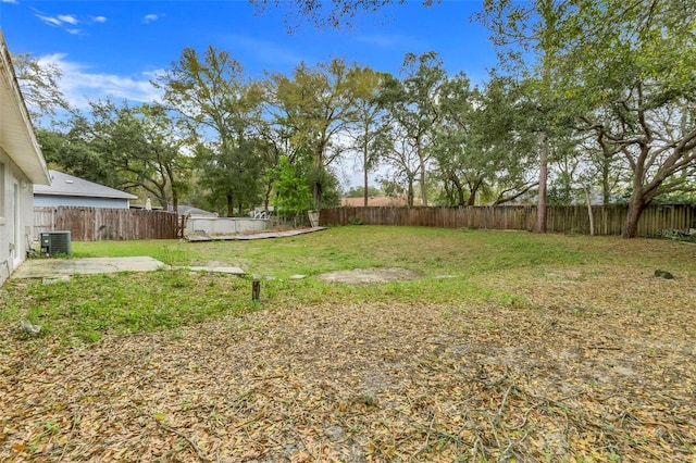 view of yard featuring a fenced backyard and central air condition unit