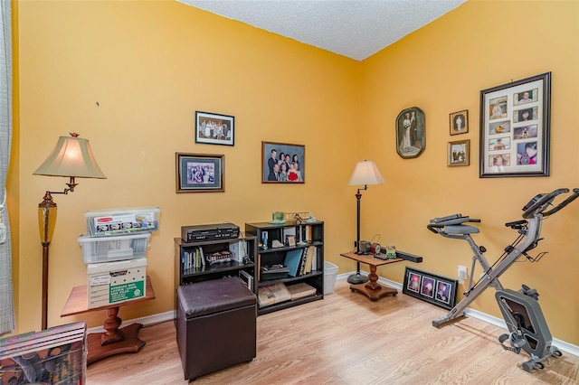 living area featuring wood finished floors, baseboards, and a textured ceiling